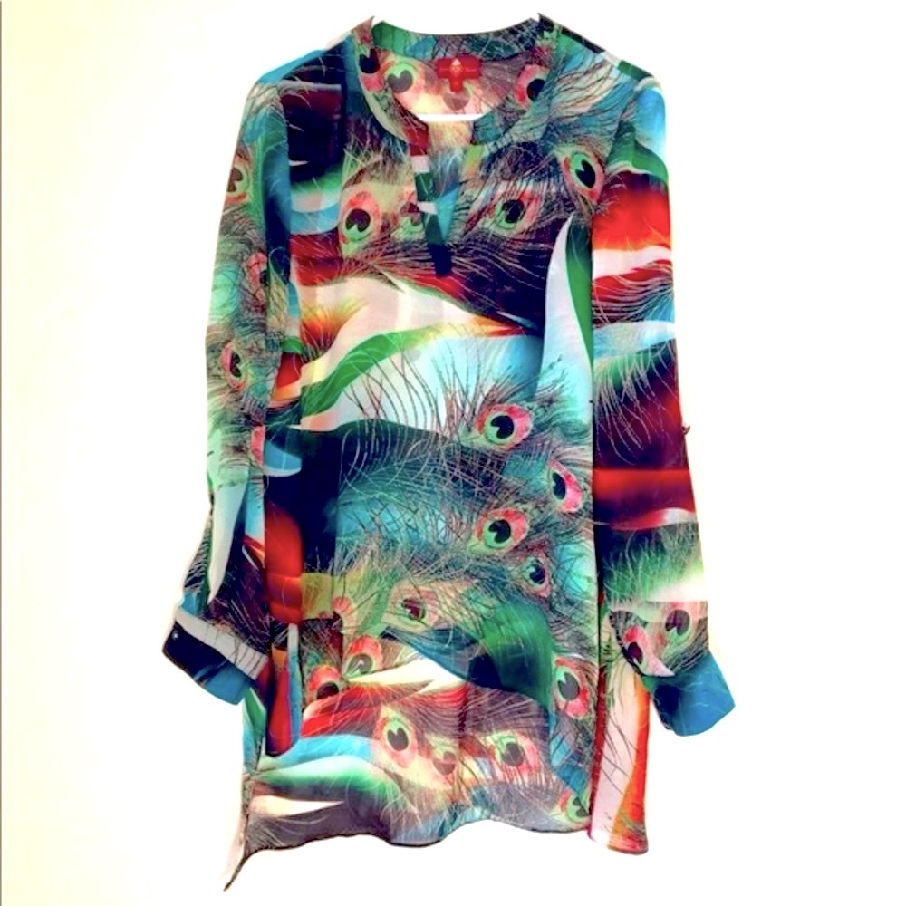 Vintage Artsy Peacock Split Collar Oversized Tunic Blouse Medium USA
